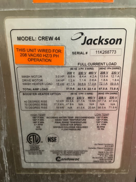 Jackson Model Crew 44 Conveyer Dishwasher w/ Hatco Water Heater for sale