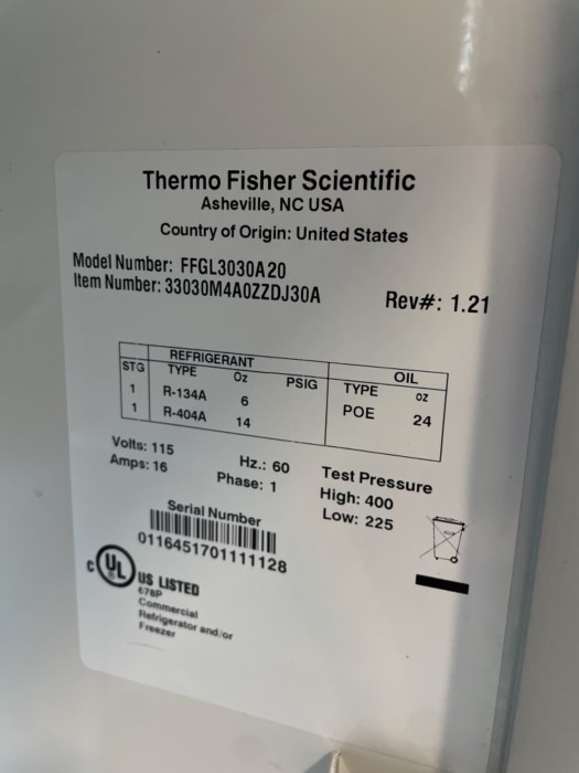 Thermo Scientific Model FFGL3030A20 Laboratory Freezer for sale